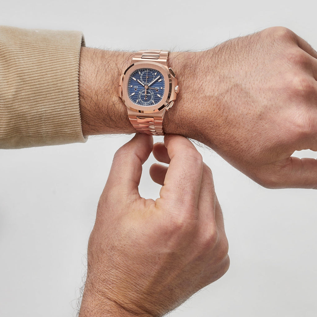 Patek Philippe Nautilus 3285 V3 – Swiss Super Clone 5990/1R-001 Travel Time Flyback Chronograph Rose Gold Blue Dial (2025)